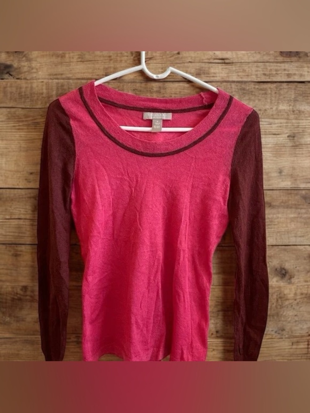 💎Women's Pink Long Sleeve Tee with Brown Contrast Sleeves